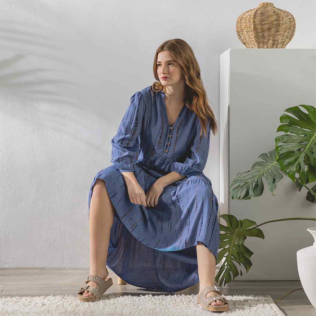 Saint Elodie midnight blue tie-dye stripe maxi dress for women UK, front view.