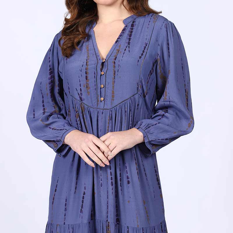 Close-up of V-neck button placket on Saint Elodie midnight blue maxi dress for women UK.