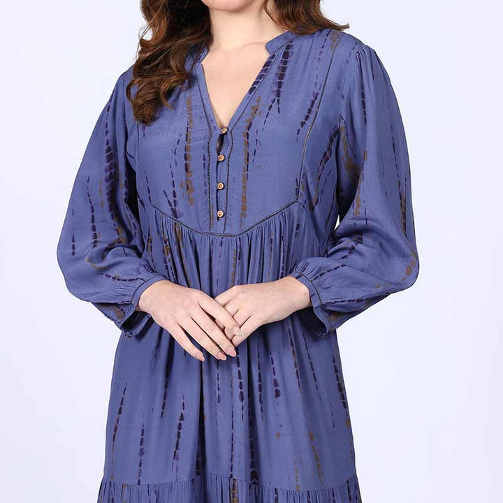 Close-up of V-neck button placket on Saint Elodie midnight blue maxi dress for women UK.