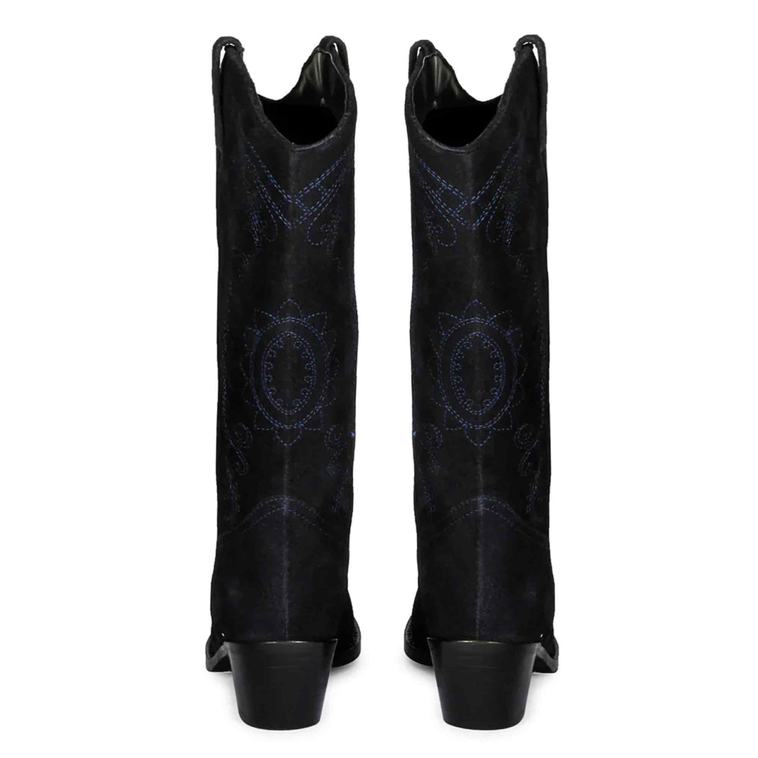 Saint Elodie cobalt suede cowboy boots, back pair view showing full embroidered pattern