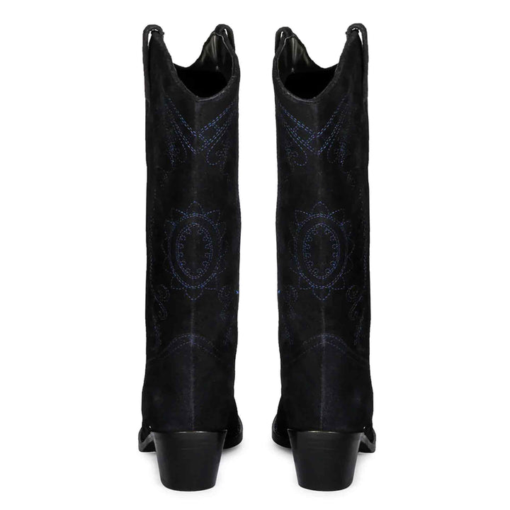 Saint Elodie cobalt suede cowboy boots, back pair view showing full embroidered pattern