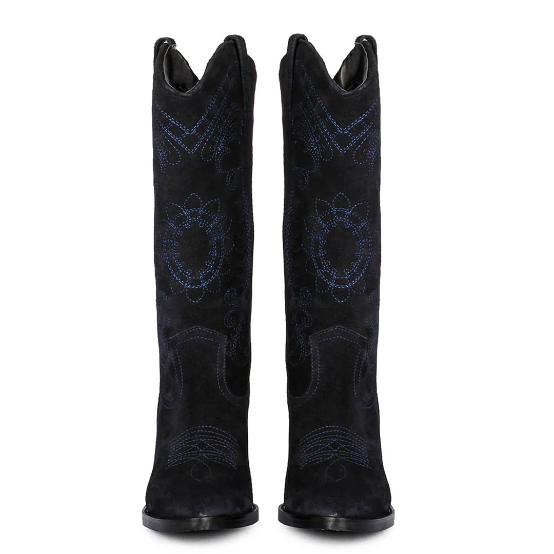 Women's cobalt suede cowboy boots, front pair view of scroll stitching