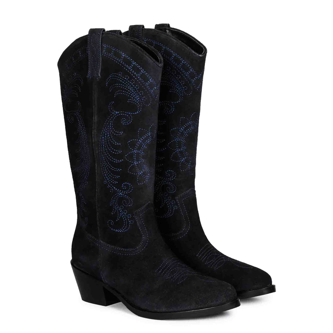 Cobalt suede cowboy boots for women UK, pair view showing stitched scroll embroidery