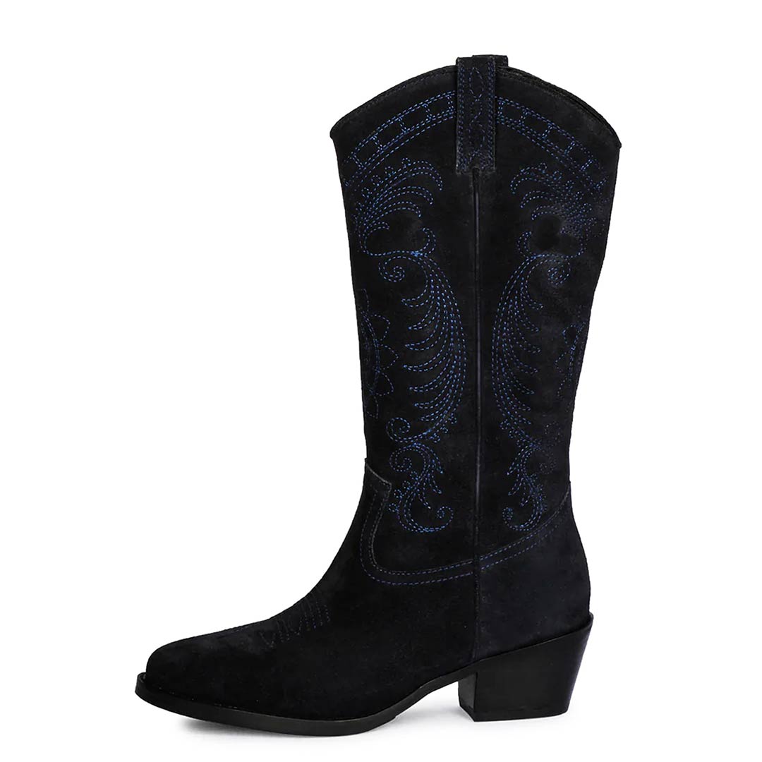 Saint Elodie cobalt suede cowboy boots, alternate side view of embroidery