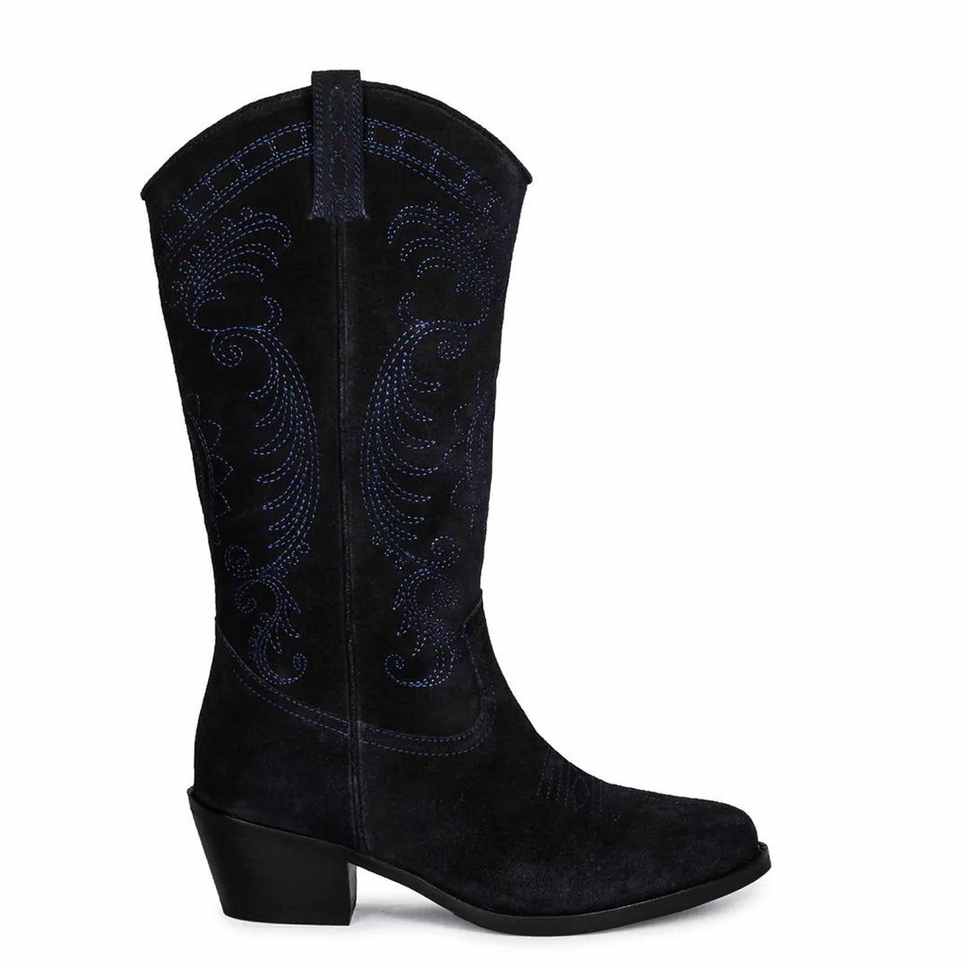 Saint Elodie stitched cobalt suede cowboy boots for women, side view of scroll embroidery