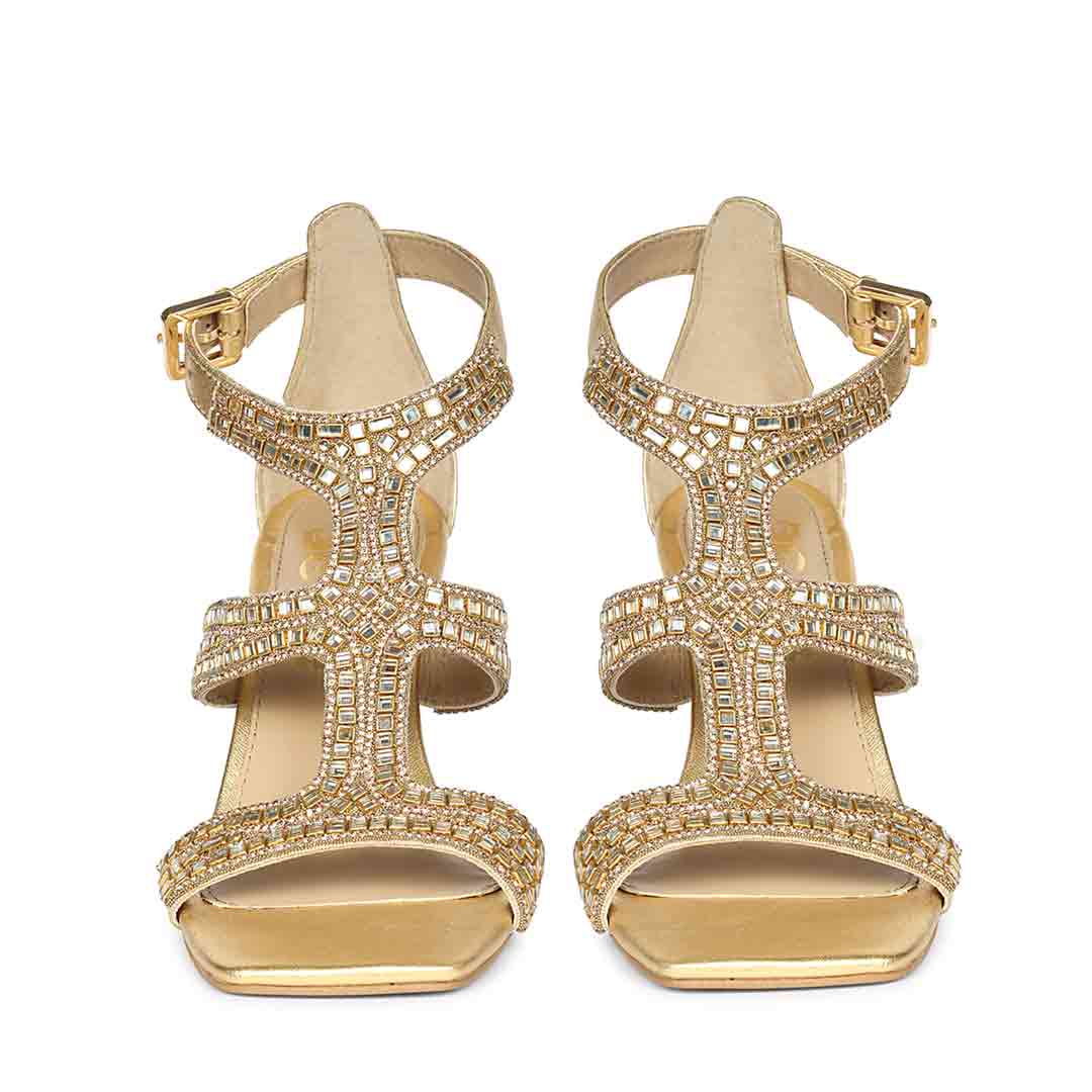 Women's Saint Eloria Crystal Gold Leather Flared Stiletto Heels, front pair view