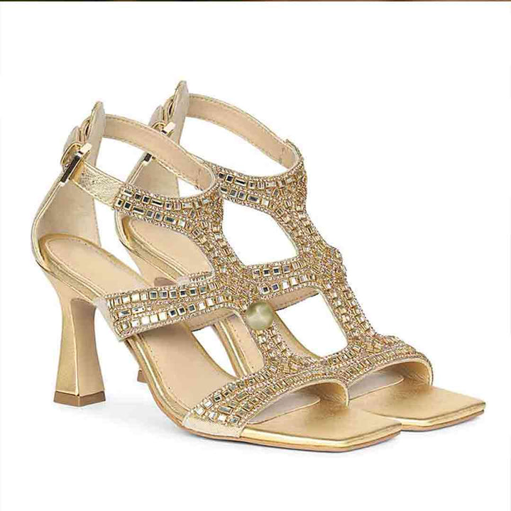 Women's Saint Eloria Crystal Gold Leather Flared Stiletto Heels, pair view