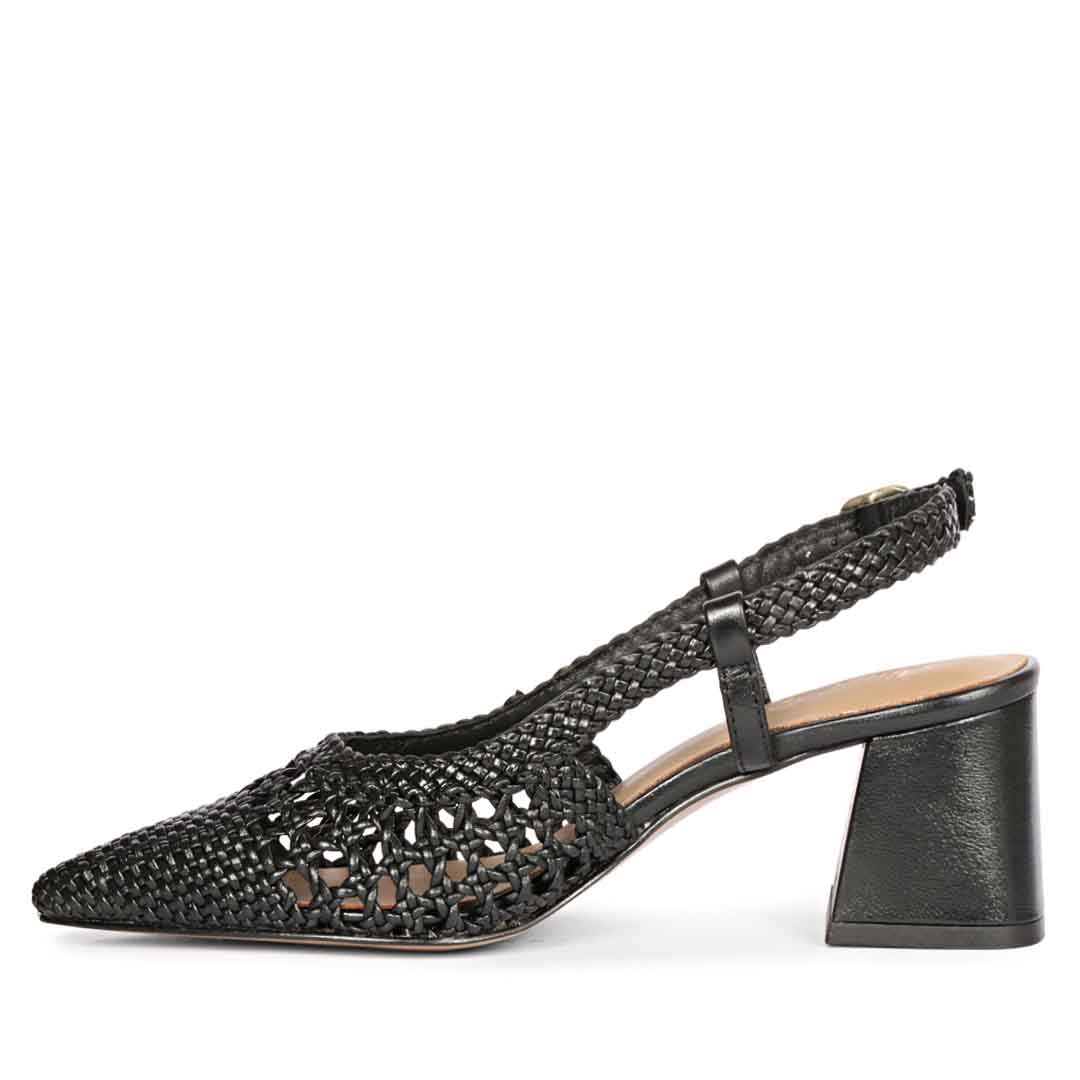 Low block heels for women black woven gold heel – angle view