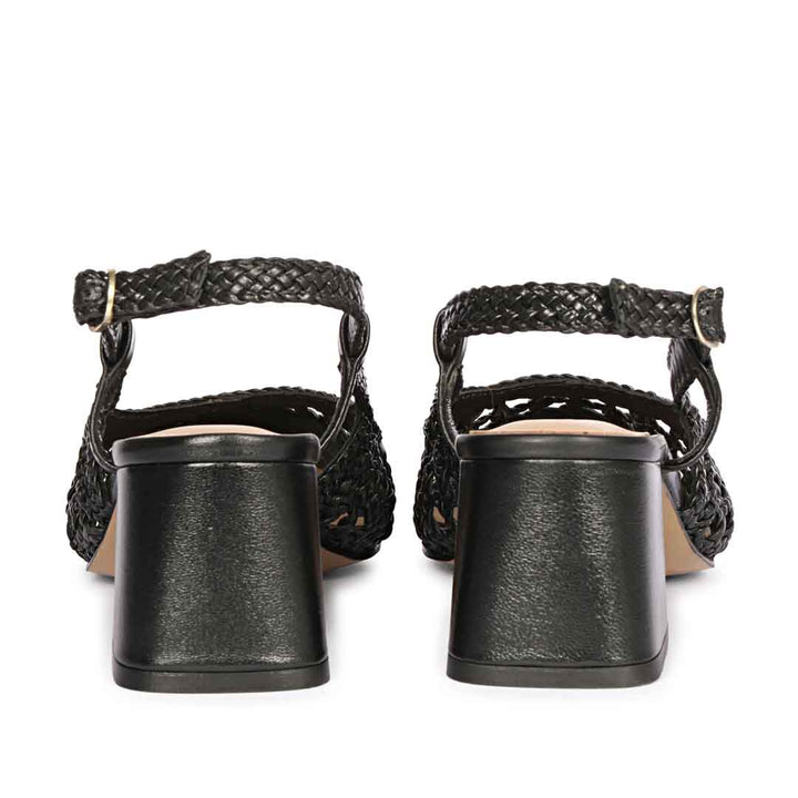 black low block heels woven leather texture sole – back view