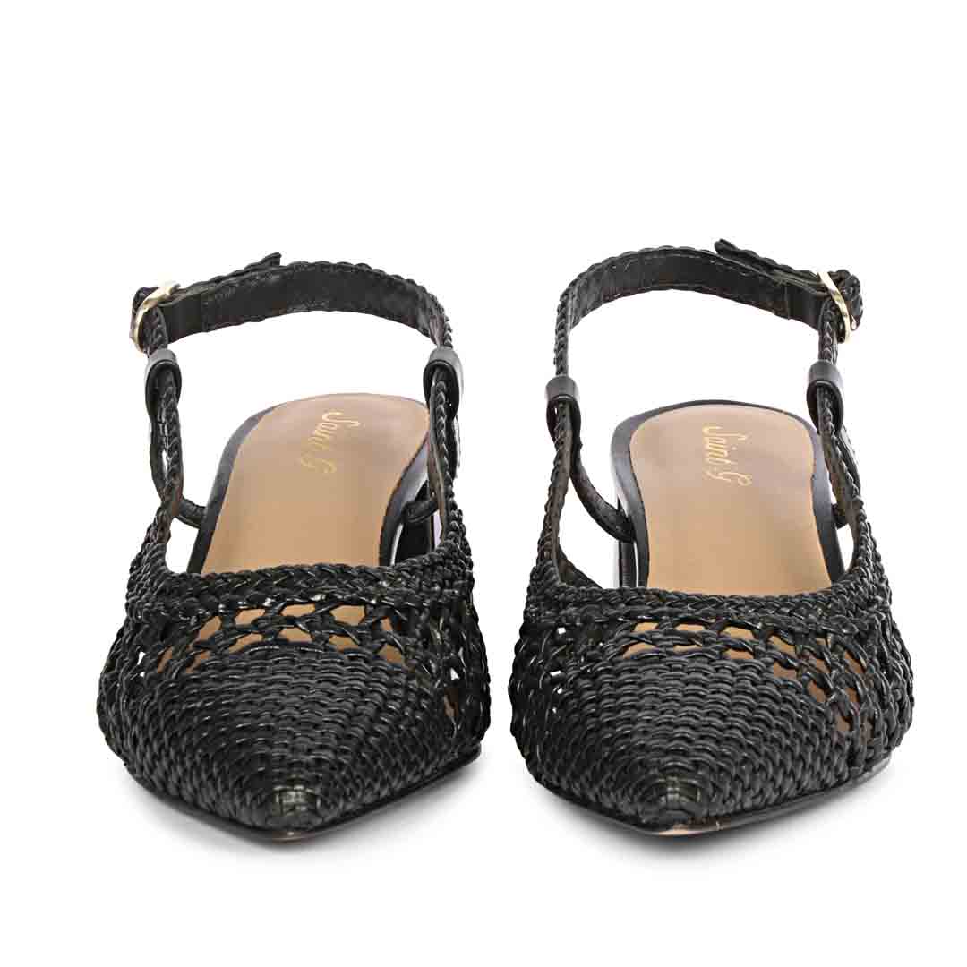 black low block heels woven leather sole detail – front view