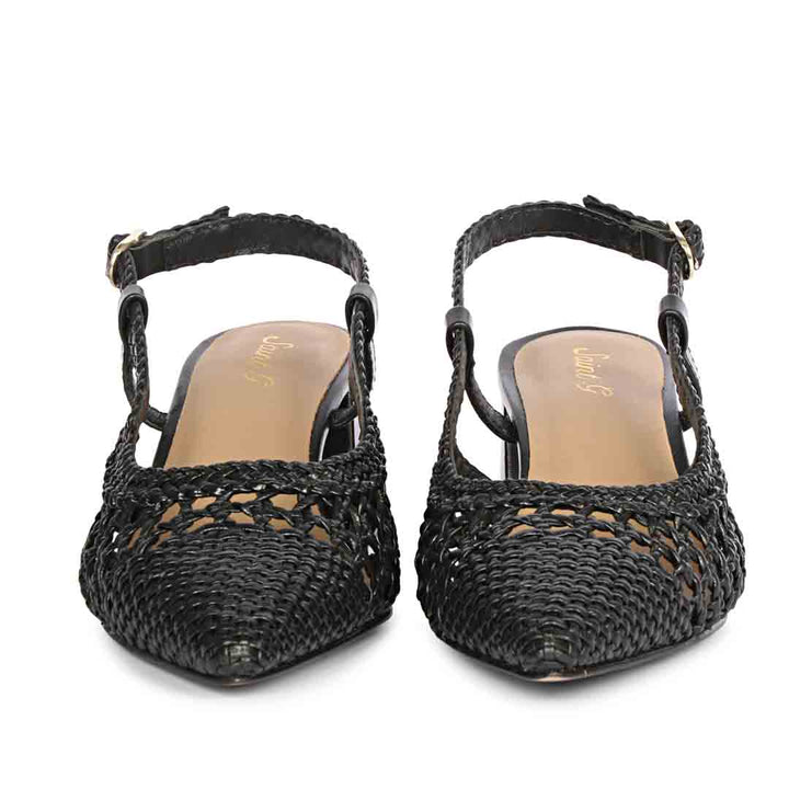 black low block heels woven leather sole detail – front view