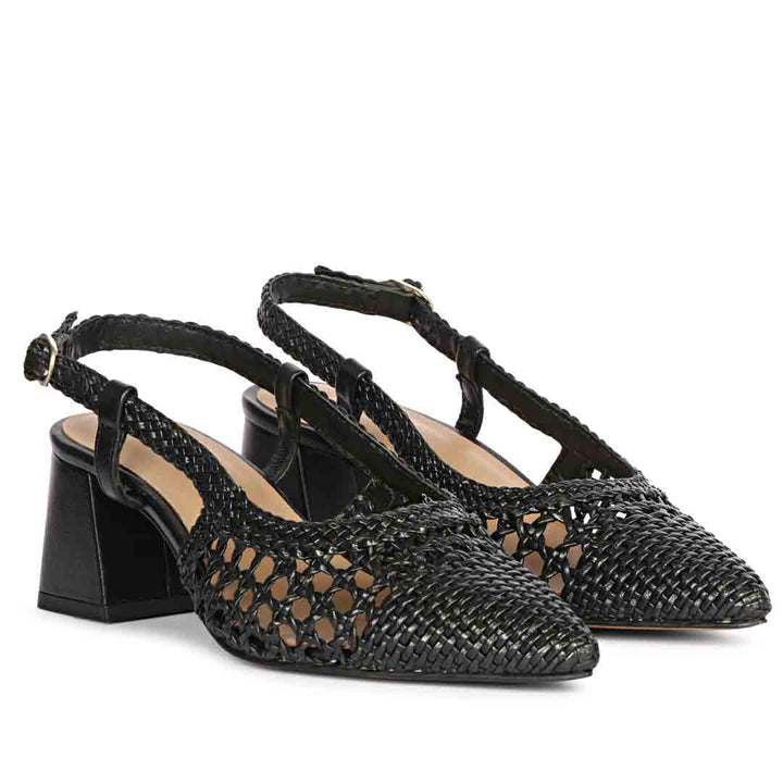 black low block heels women's ankle strap close-up – pair angle
