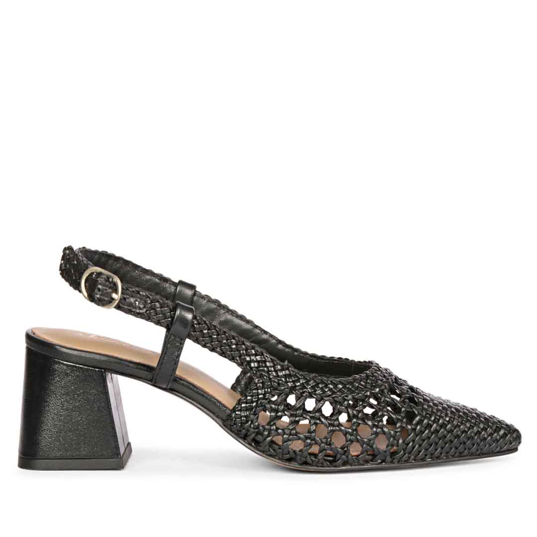 Black low block heels for women woven pointed toe – side view