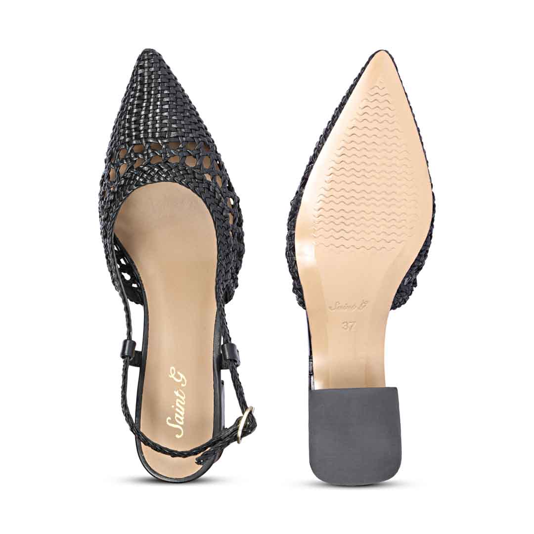 black low block heels woven pointed toe sandals – top view