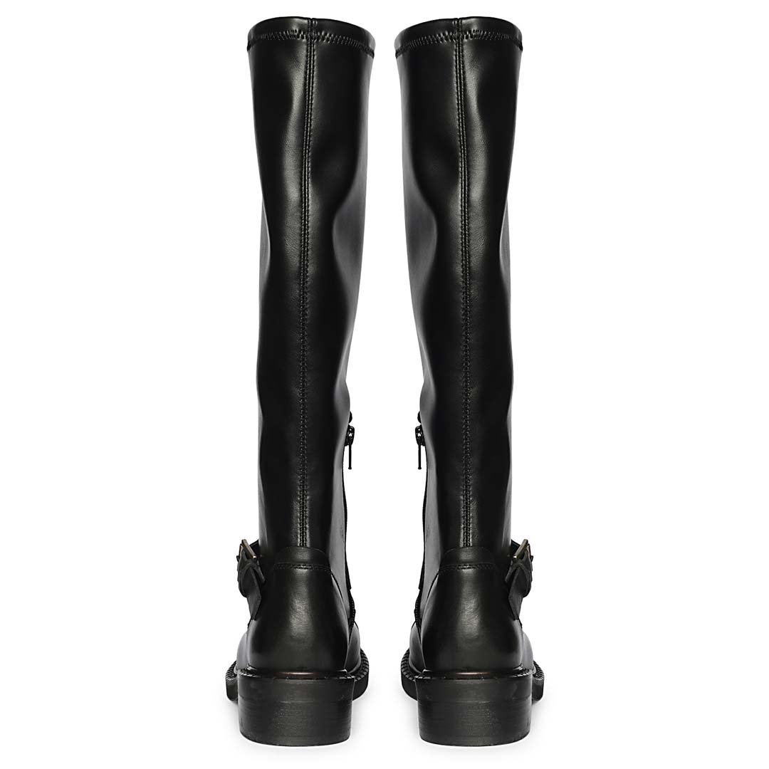 Saint Ember black leather long boots for women, back pair view showing zip and buckle