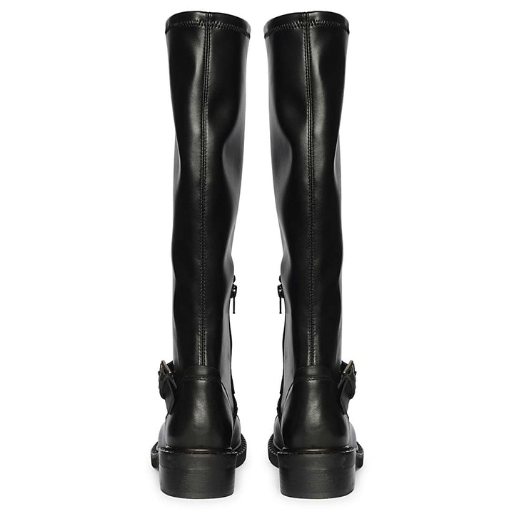 Saint Ember black leather long boots for women, back pair view showing zip and buckle