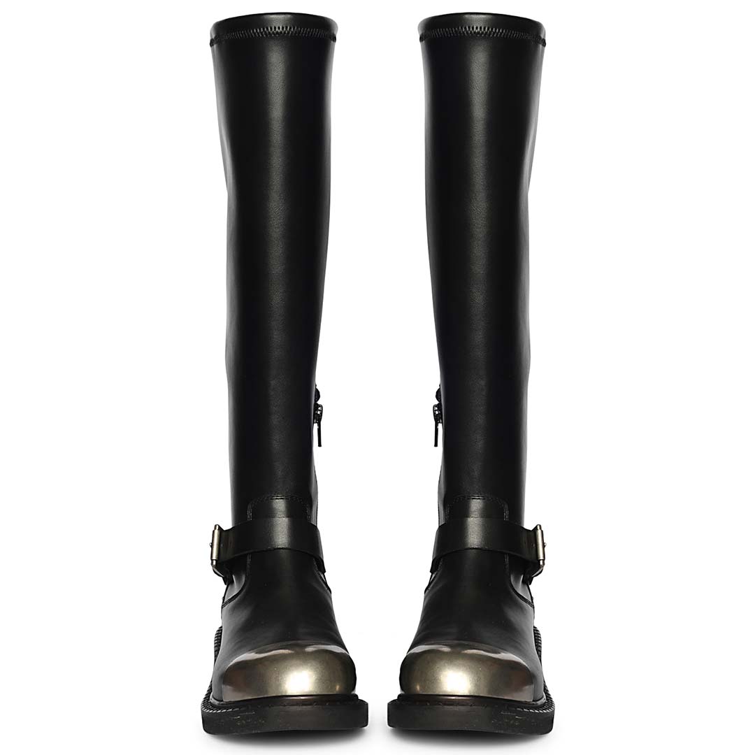 Women's Saint Ember long boots, front pair view of metal toe cap and buckle strap