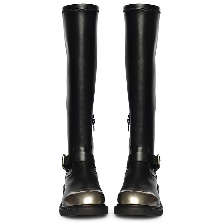Women's Saint Ember long boots, front pair view of metal toe cap and buckle strap
