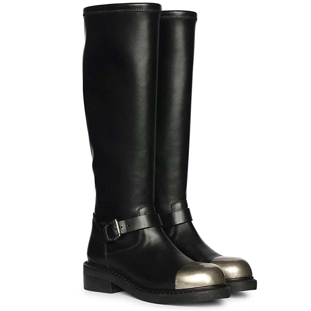 Saint Ember black stretch napa long boots for women UK, pair view showing metal toe cap and buckle