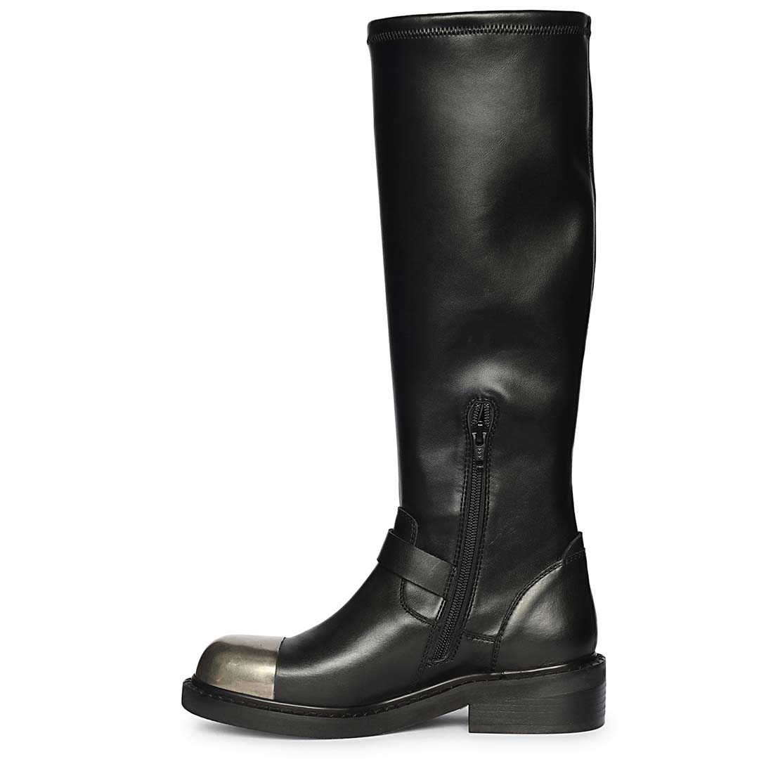 Saint Ember black long boots, side view showing zip closure and ankle buckle strap