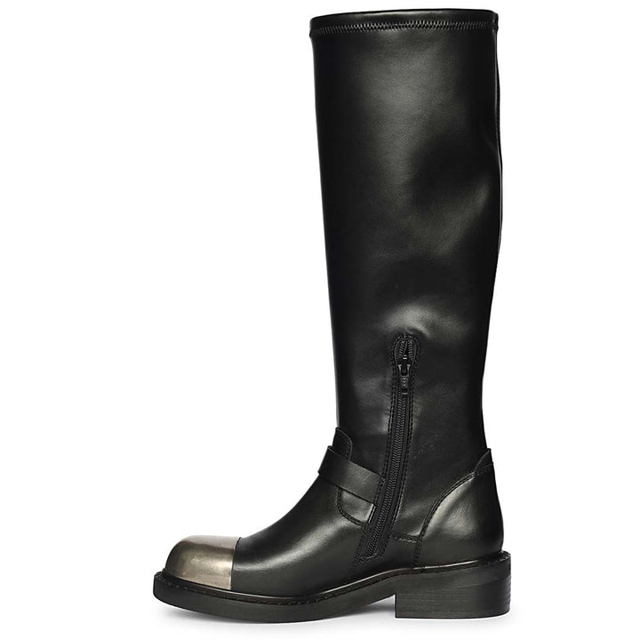 Saint Ember black long boots, side view showing zip closure and ankle buckle strap