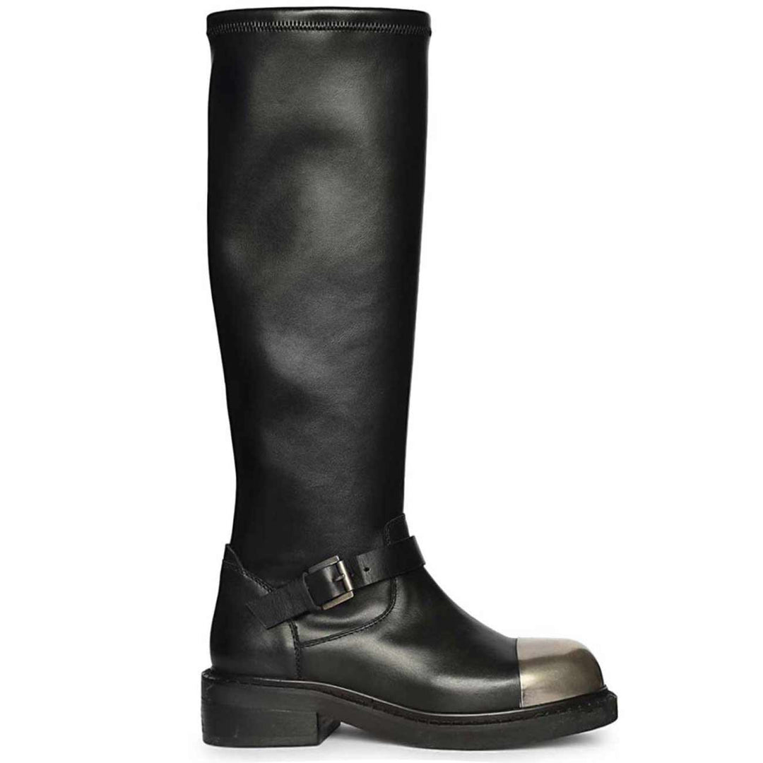 Saint Ember metal toe buckle strap black long boots for women, side view of gunmetal toe cap