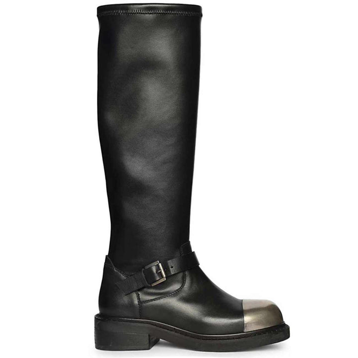 Saint Ember metal toe buckle strap black long boots for women, side view of gunmetal toe cap