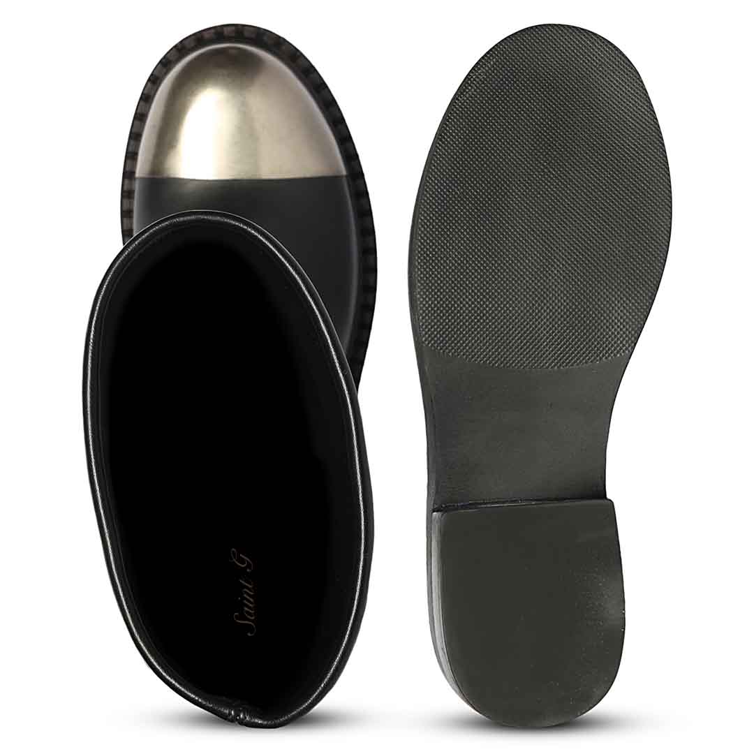 Saint Ember black long boots, interior and sole view with metal toe cap
