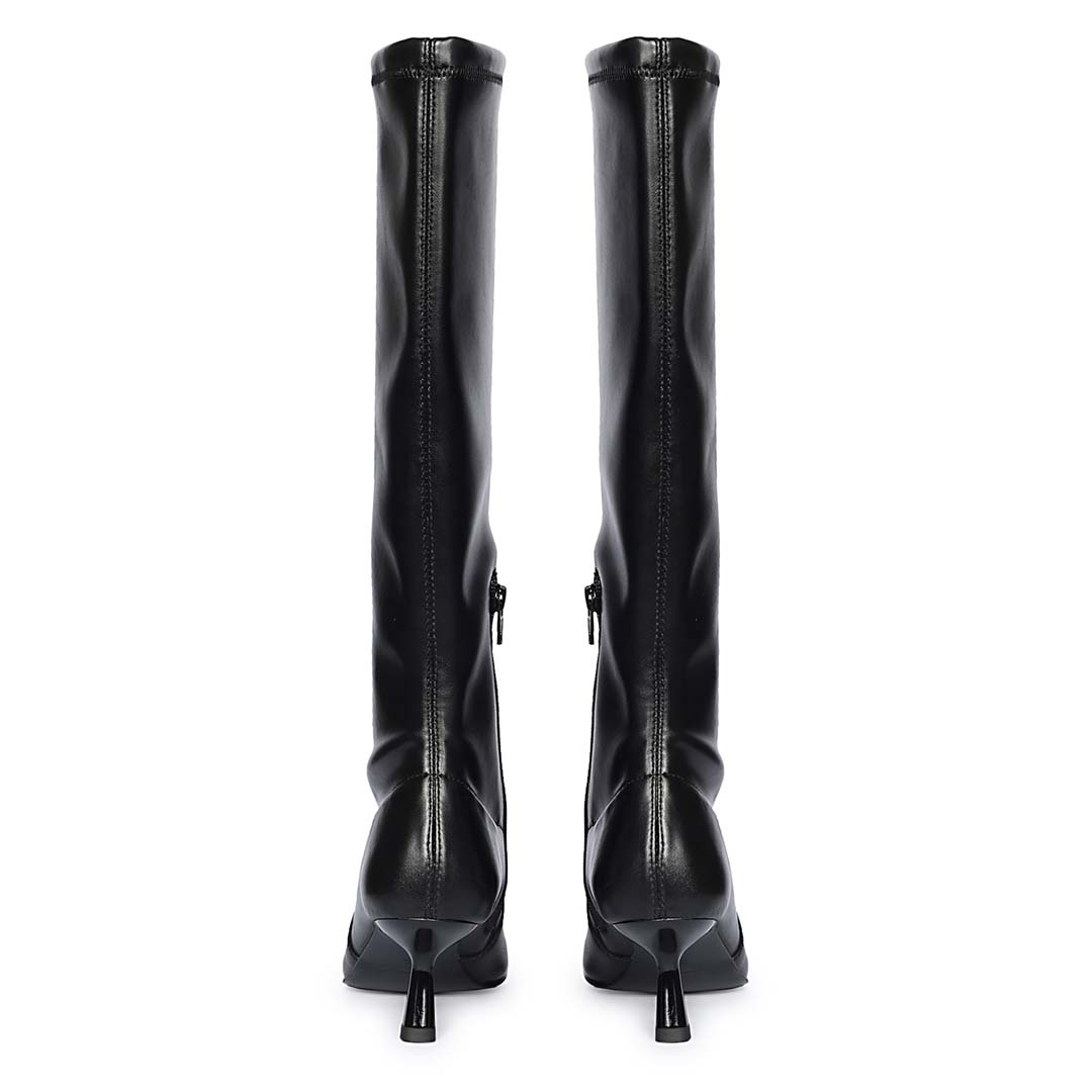 Saint Emilia black knee high boots for women, back pair view showing zip closure