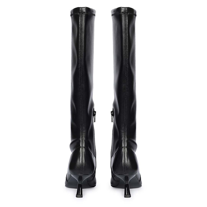 Saint Emilia black knee high boots for women, back pair view showing zip closure
