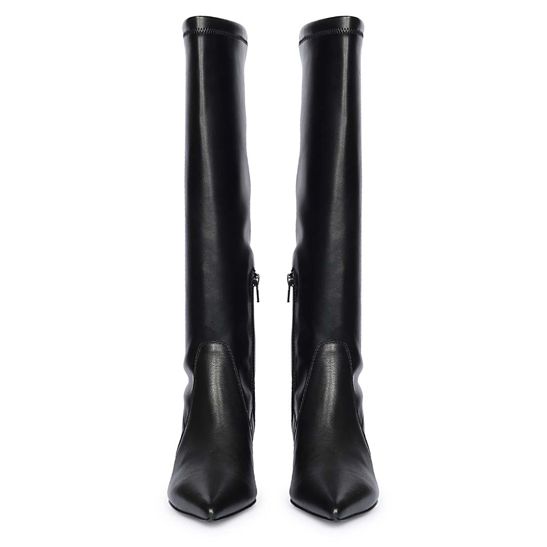 Women's Saint Emilia black long boots, front pair view of pointed toe and kitten heel