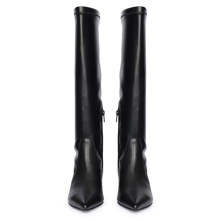Women's Saint Emilia black long boots, front pair view of pointed toe and kitten heel