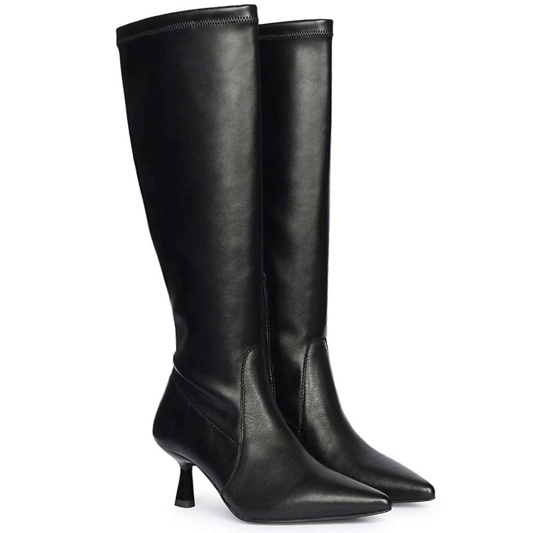Saint Emilia black stretch napa long boots for women UK, pair view showing kitten heel