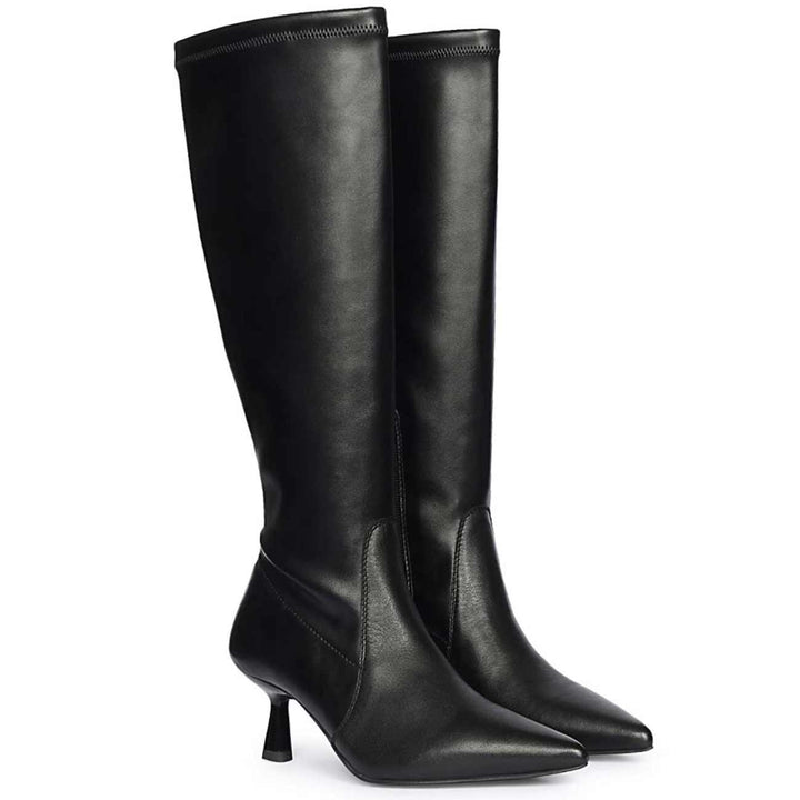 Saint Emilia black stretch napa long boots for women UK, pair view showing kitten heel