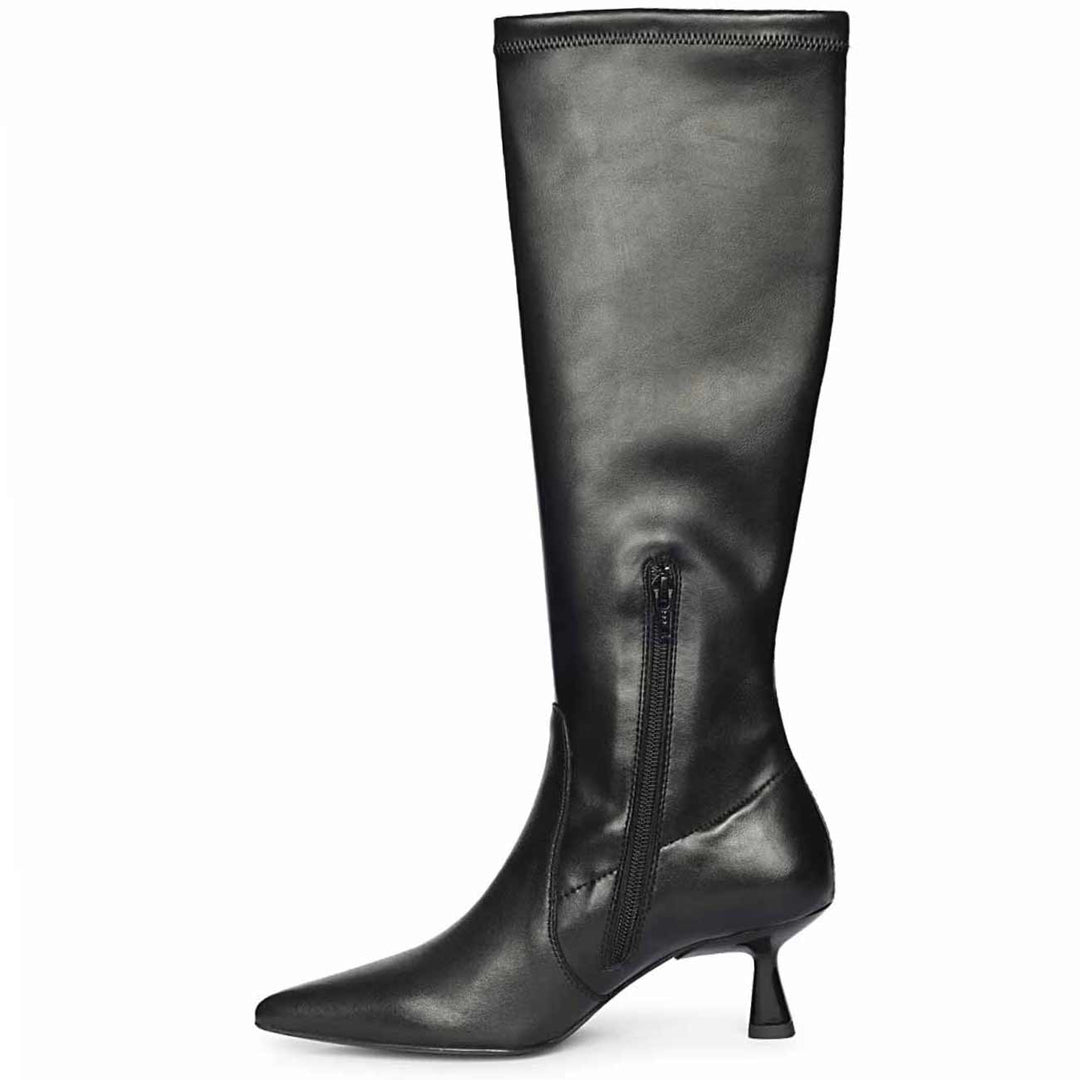 Saint Emilia black kitten heel boots, side view showing front zip closure