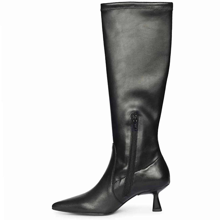 Saint Emilia black kitten heel boots, side view showing front zip closure