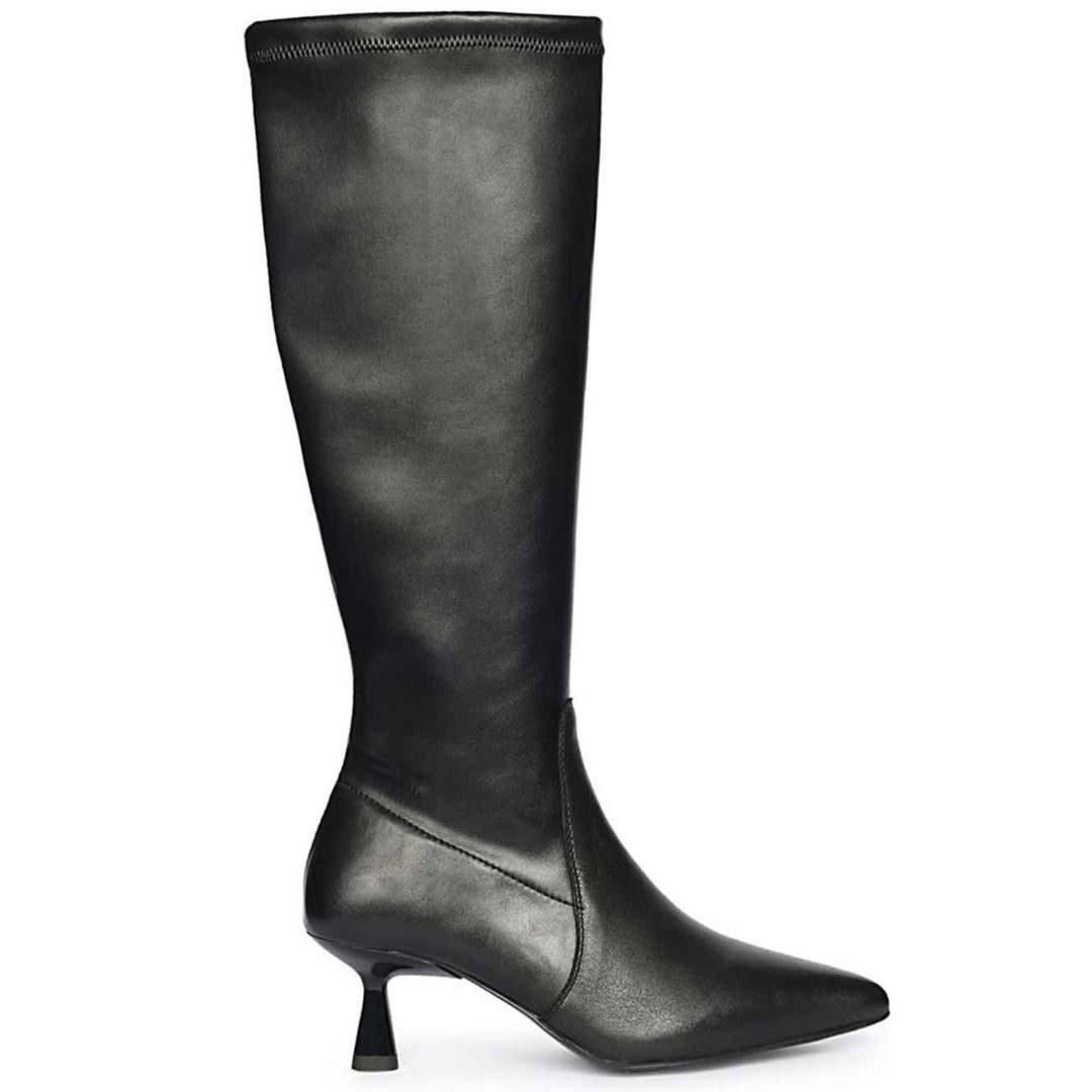 Saint Emilia black kitten heel long boots for women, side view of plain pointed toe