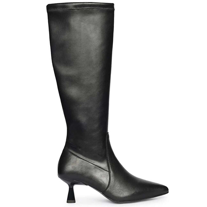 Saint Emilia black kitten heel long boots for women, side view of plain pointed toe