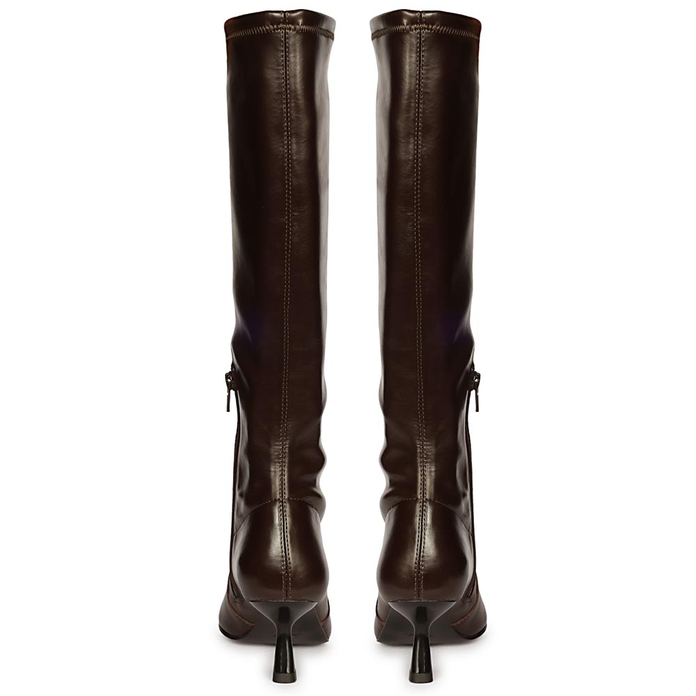 Women's Saint Emilia brown long boots, back pair view showing zip closure