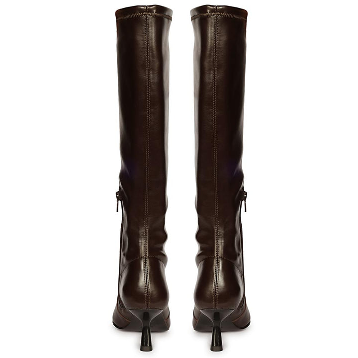 Women's Saint Emilia brown long boots, back pair view showing zip closure