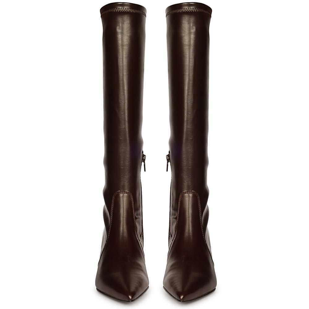 Saint Emilia brown knee high boots for women, front pair view of pointed toe and kitten heel