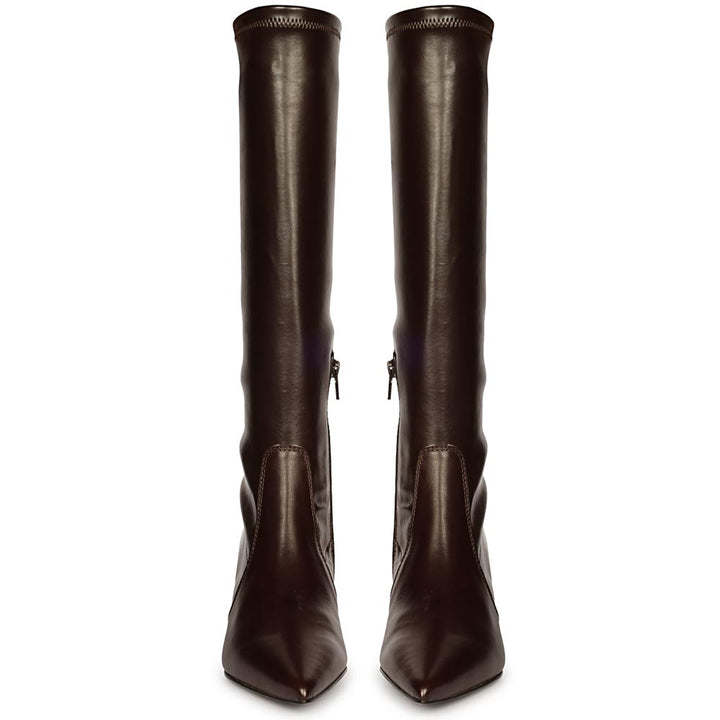 Saint Emilia brown knee high boots for women, front pair view of pointed toe and kitten heel