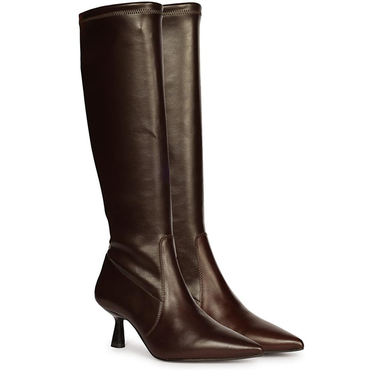 Saint Emilia brown stretch napa long boots for women UK, pair view showing kitten heel