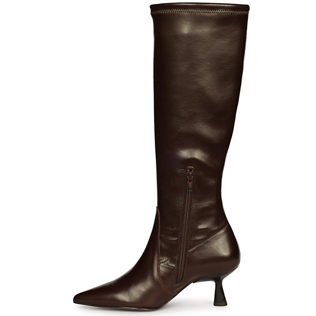 Saint Emilia brown kitten heel boots, side view showing front zip closure