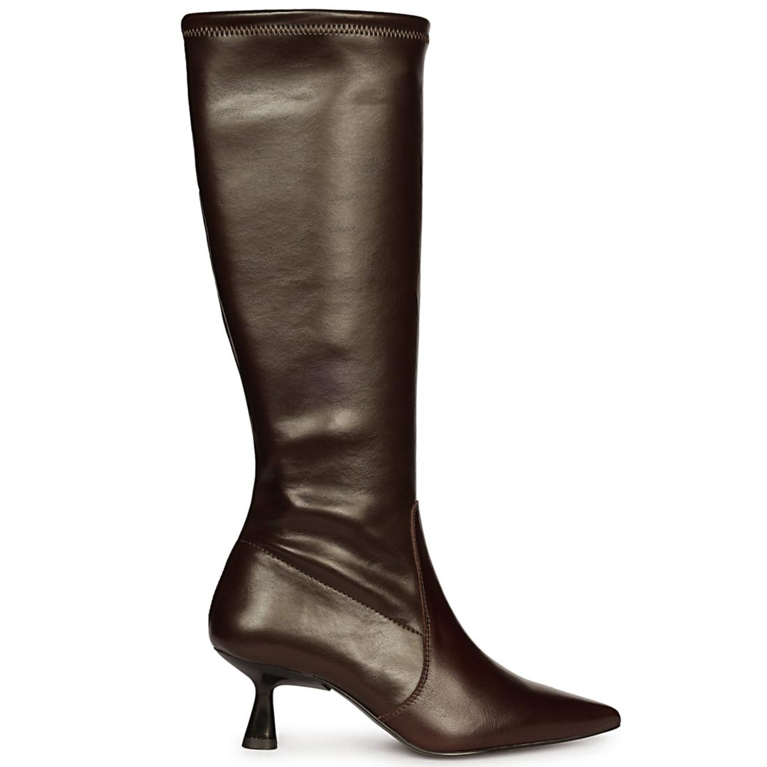 Saint Emilia brown kitten heel long boots for women, side view of pointed toe