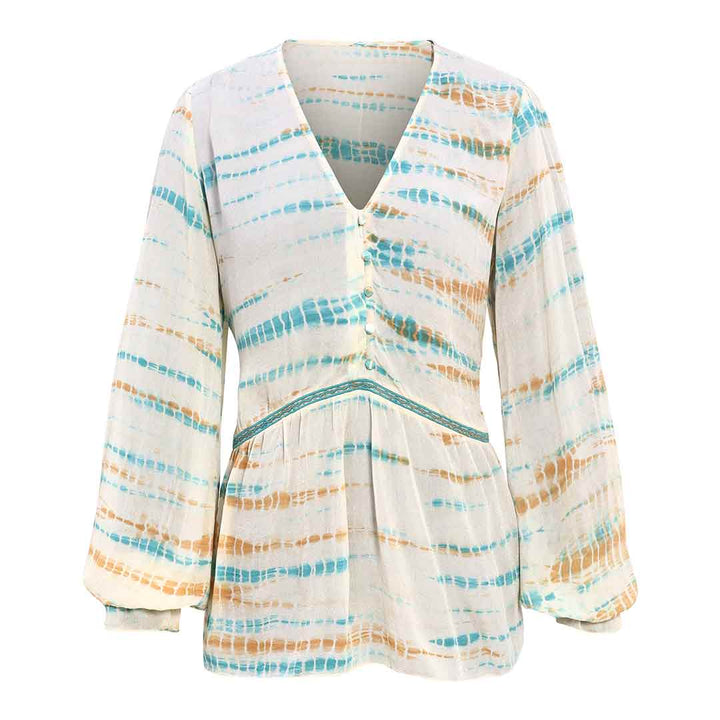 Saint Emryn multicolour tie-dye crepe top for women UK, shown flat with button placket.
