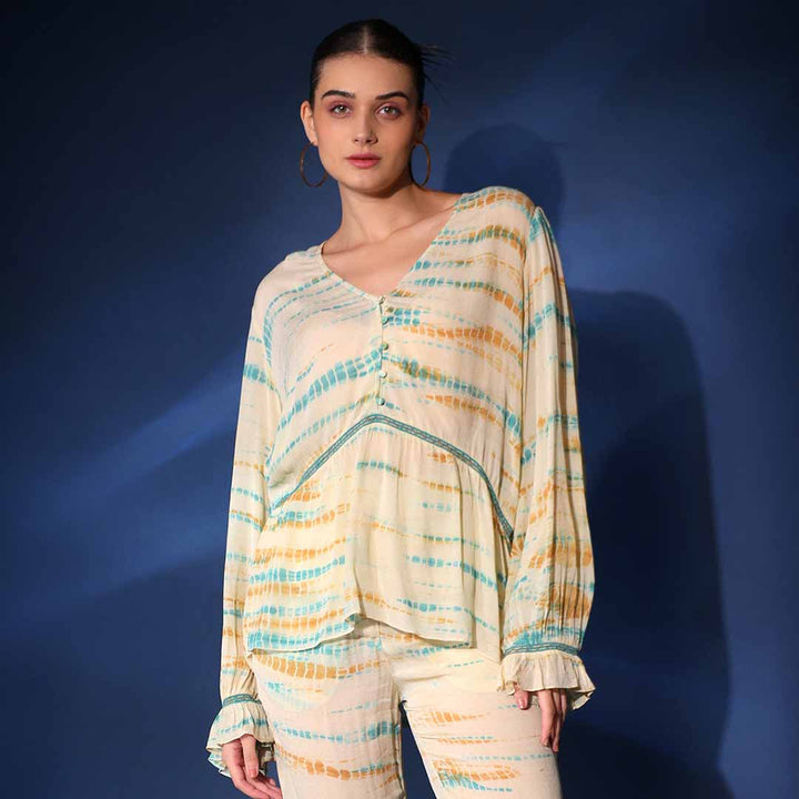 Women's multicolour tie-dye crepe top by Saint Emryn, front view styled with matching trousers.