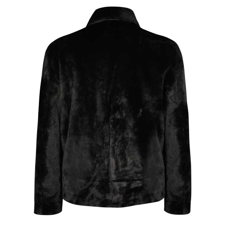 Back view of a black faux-fur jacket.