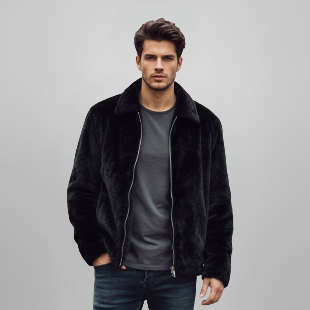 Man wearing an open black faux-fur jacket with a shirt collar, front view.