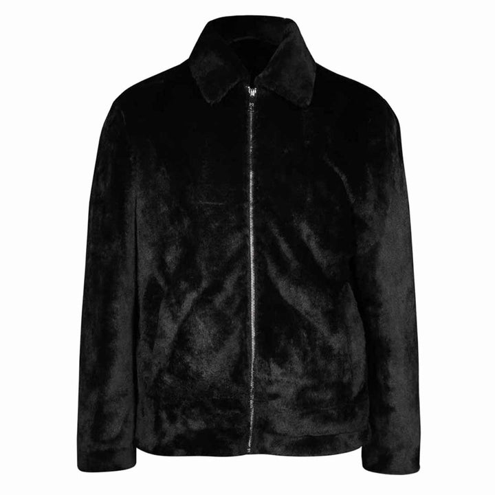 Black faux-fur jacket with a shirt collar, shown on a plain background